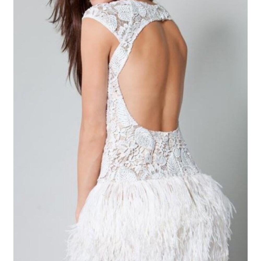 JOVANI White Lace Feather Mini Dress Open Back Pageant Bridal Cocktail Sz 4 - Picture 2 of 12